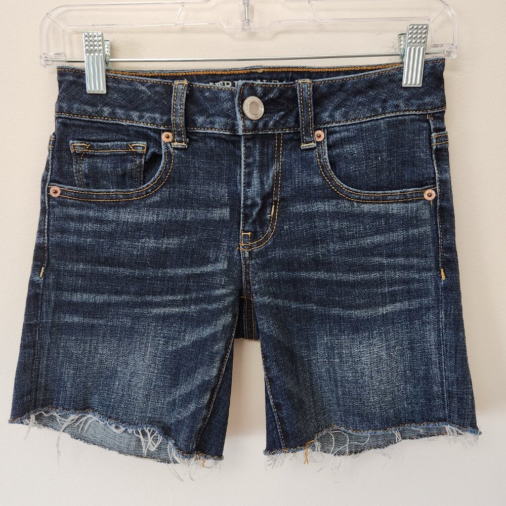 American Eagle AE Shorts Women Midi Dark Wash Cut Off Denim Stretch Jeans Size 0